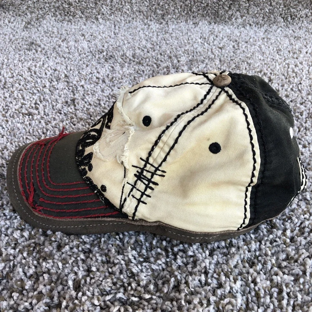 True Religion Embroidered Spellout Hat OSFA Distress Leather Trim Strap Back Cap